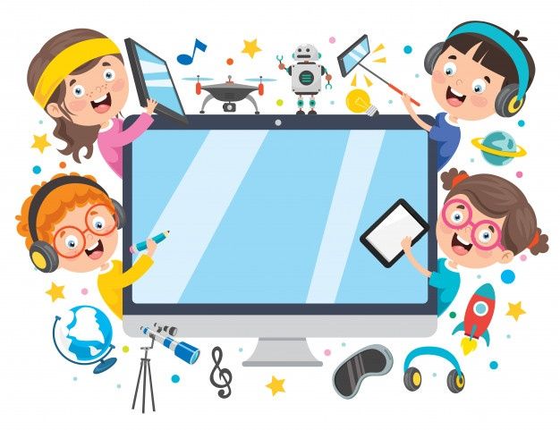 Niños felices con tecnología educativa.